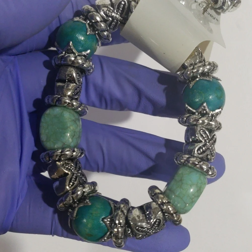 Women’s Silver Turquoise Beads Stretch Bracelet Earrings Matching Jewelry Set